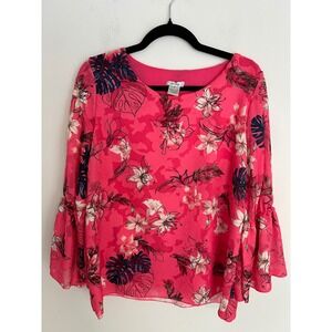 From Italy Pink Tropical Floral Burnout Bell Sleeve Blouse Top Medium 7E7200